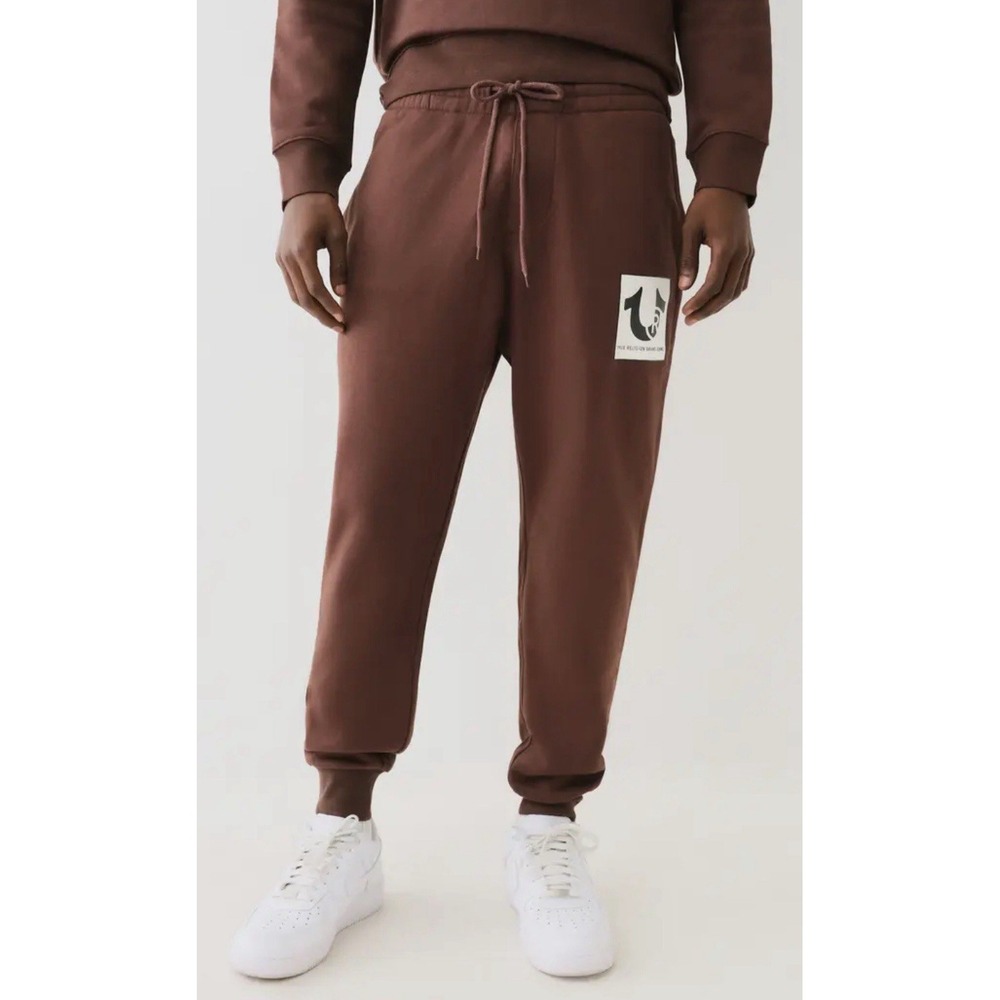 Men's True Religion Brown Jogger Sweatpants Drawstring Logo Patch Fleece Size M
